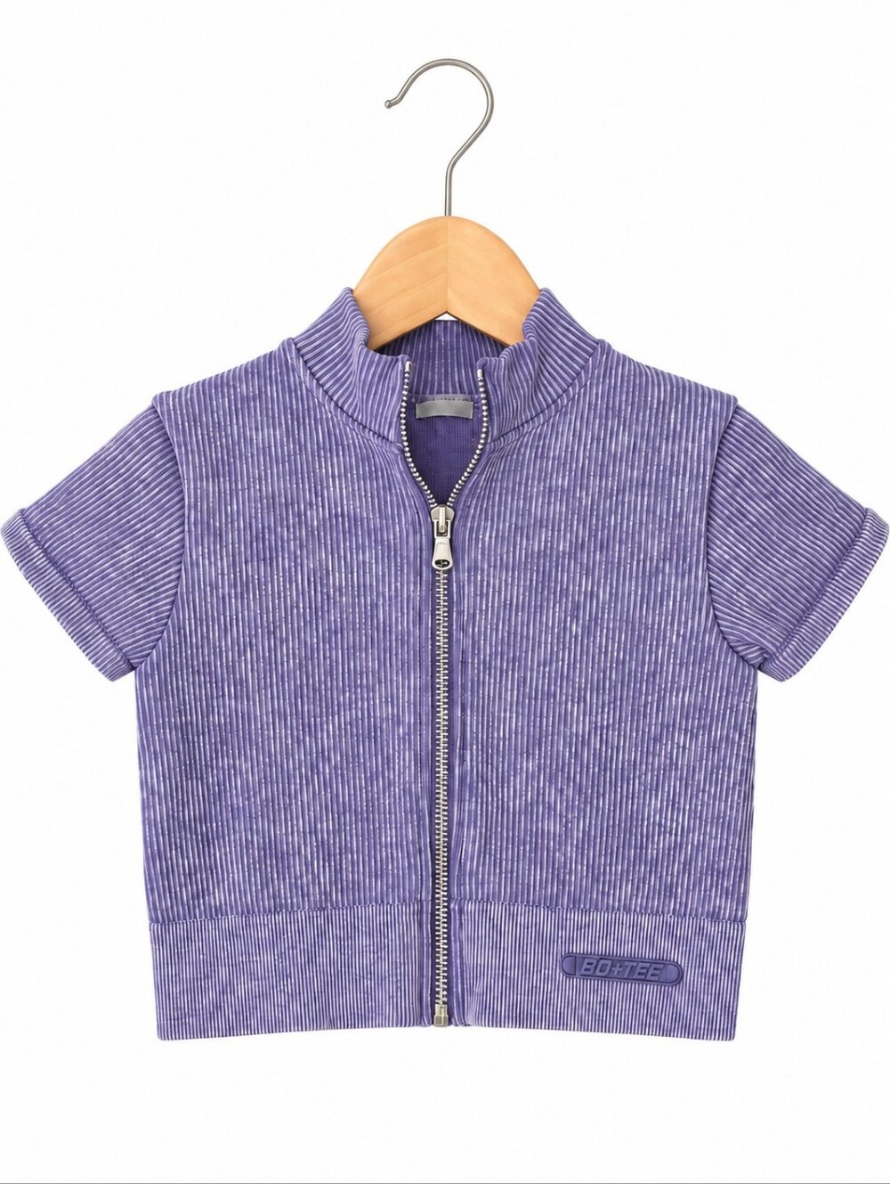Bo+Tee Purple Ribbed Zip Front Crop Top Short Sleeve Y2K Sporty Xs/S Estimate